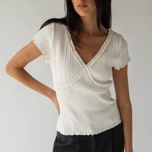 Oak + Fort Short Sleeve Top with Lace V-Neckline